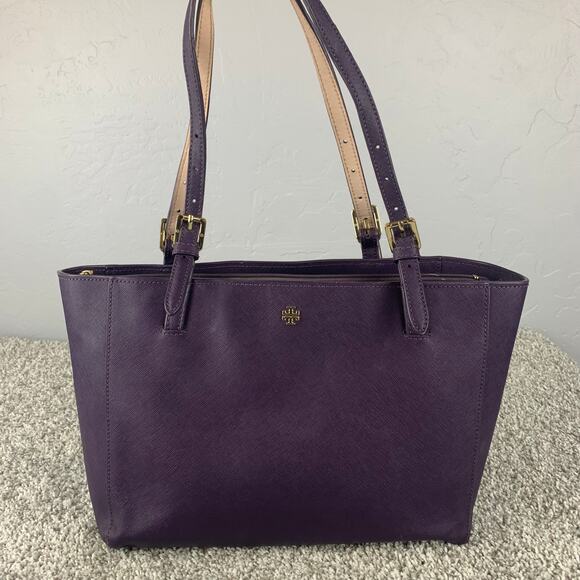 Tory Burch Leather York Buckle Tote Women's Purple Luxury Gold Tone Hardware - Picture 1 of 11